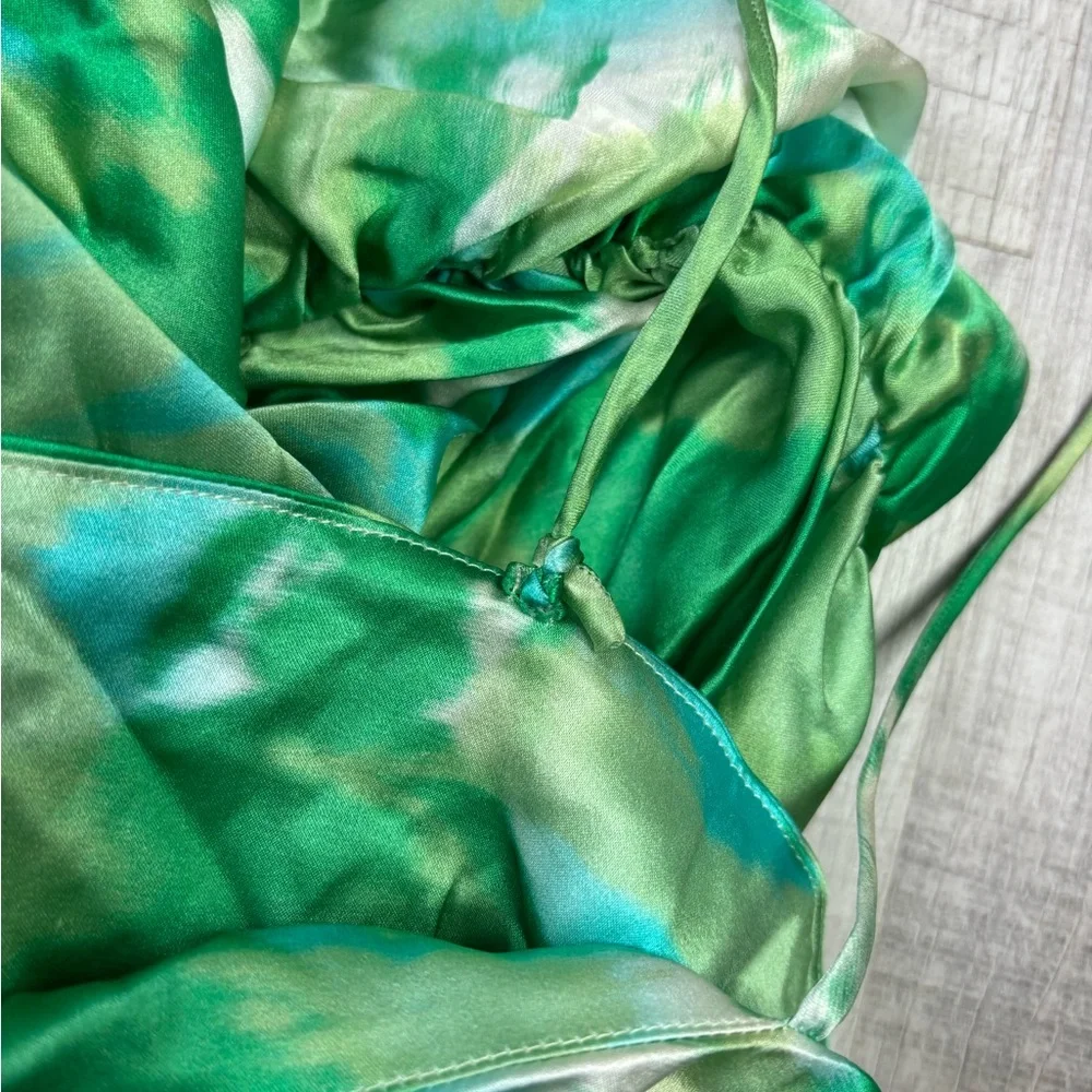 GANNI Silk Stretch Satin Ruched Mini Dress Lily Green Size 44 or US Large - Picture 7 of 16